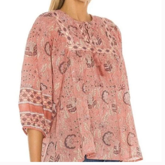 Cleobella Amaryllis Pink  Boho Blouse Top Tassel V Neck Print size Large - Picture 3 of 10